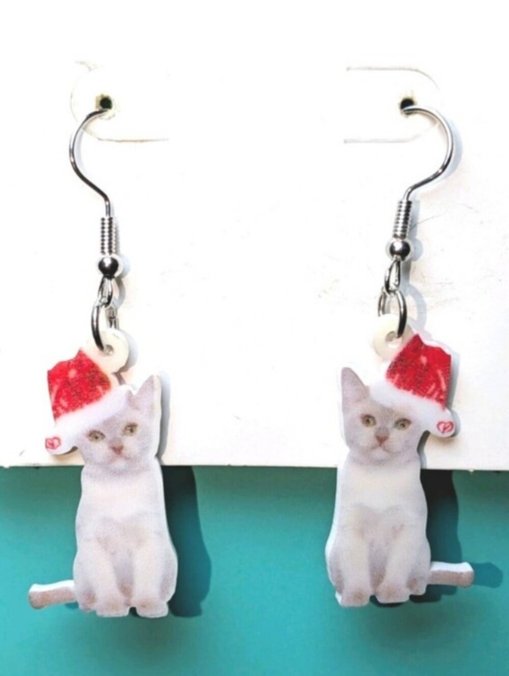 Cat Holiday Earrings - White Cat with Red Santa Hat